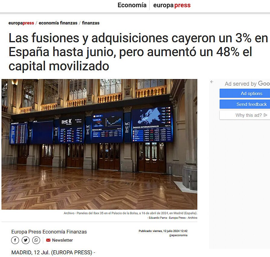 Las fusiones y adquisiciones cayeron un 3% en Espaa hasta junio, pero aument un 48% el capital movilizado